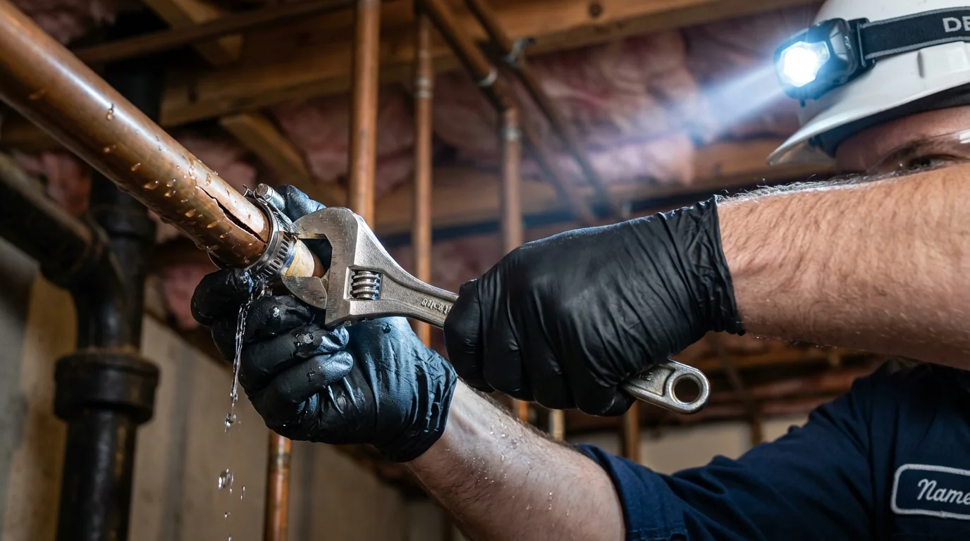 Emergency pipe clamp repair being performed by a Johns Plumbing LLC plumber in North Bend