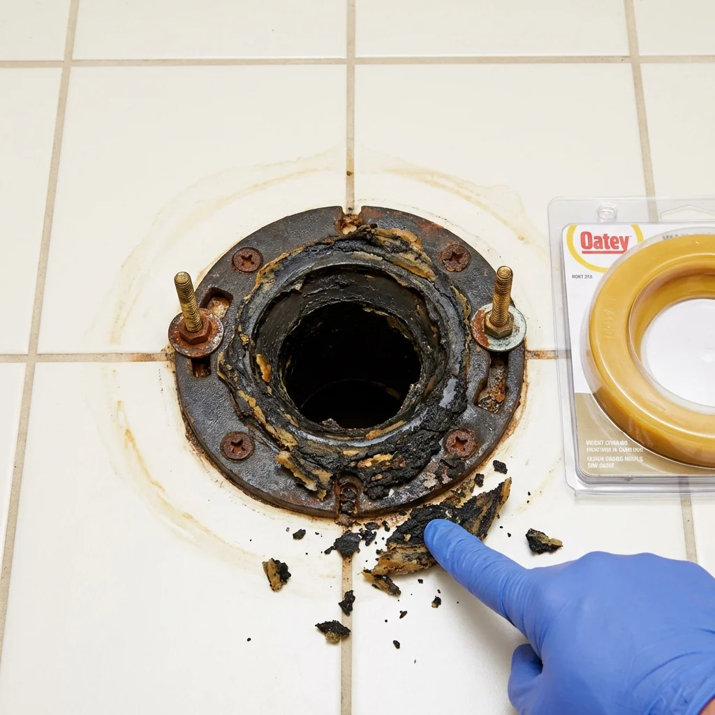 Failed wax ring showing water seepage at the base of a toilet in a North Bend, NE home