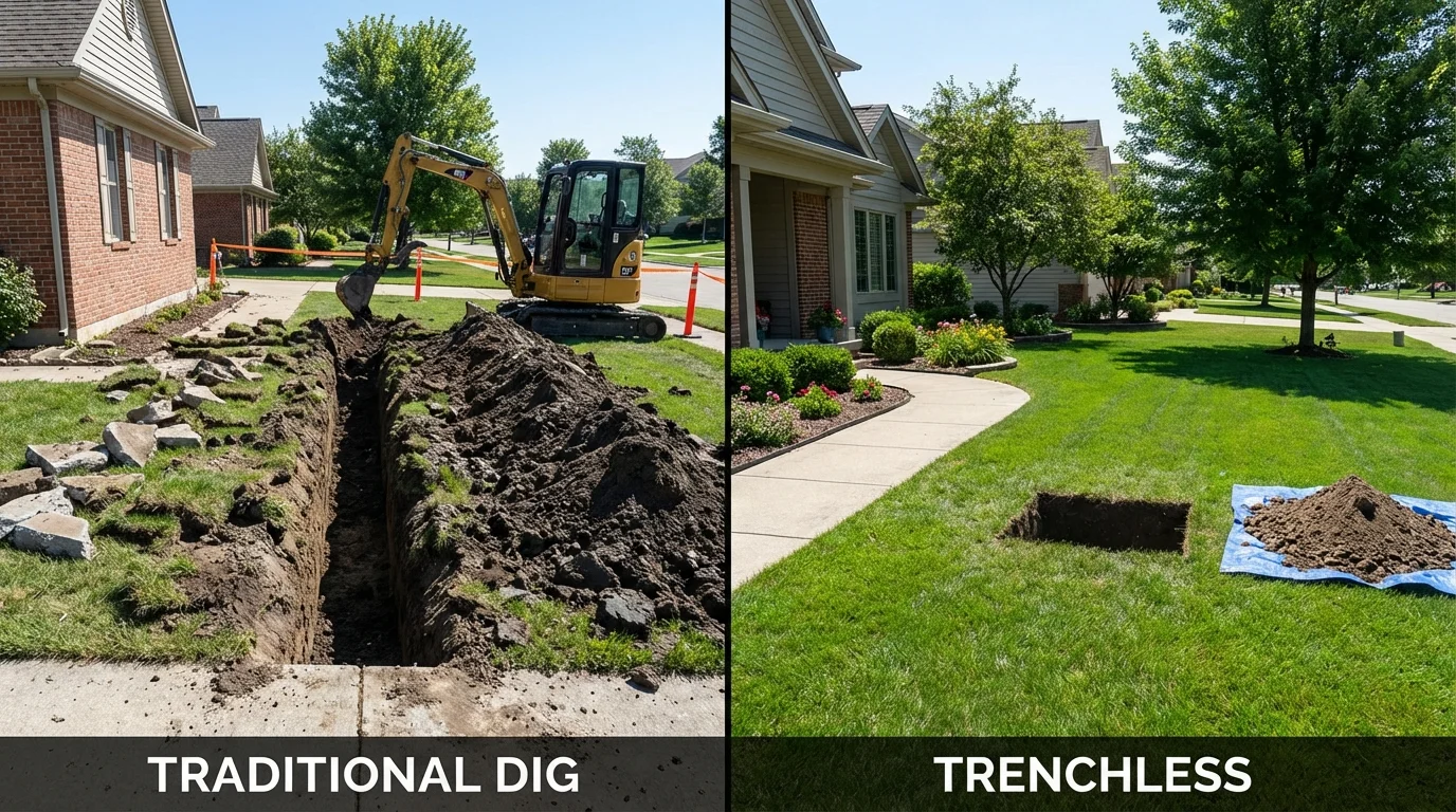 Trenchless sewer repair with minimal yard damage versus traditional excavation in North Bend, NE