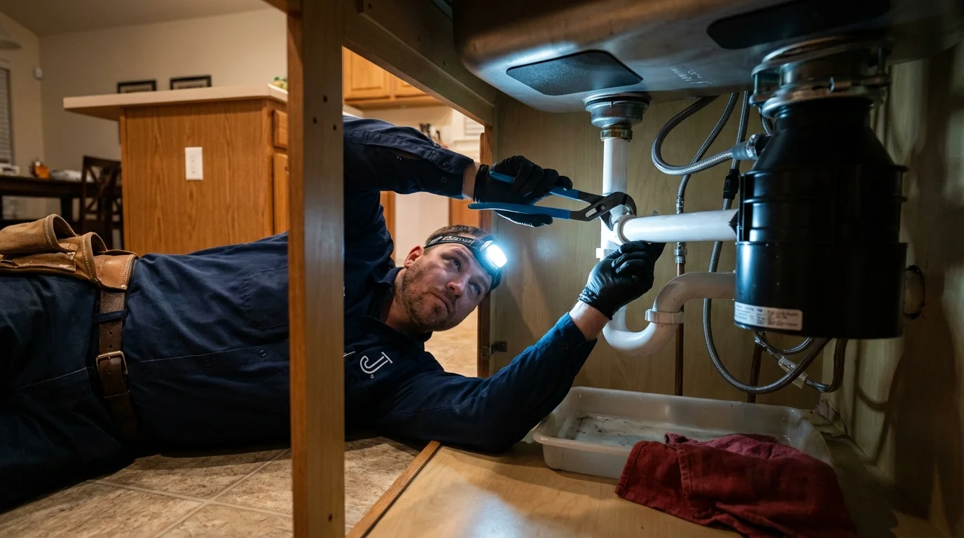 P-trap and supply line connections under a kitchen sink showing a common leak point in North Bend, NE